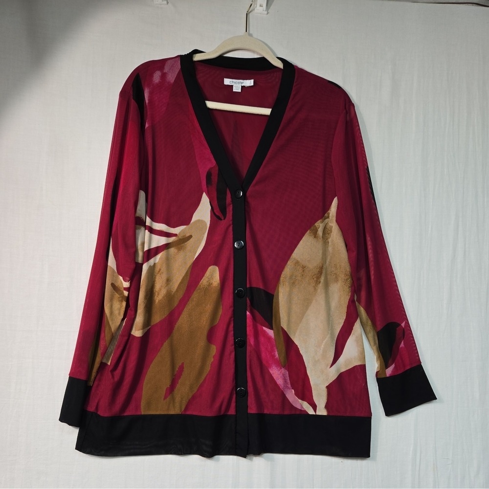 Chico's Women's 2 (L) Button Up Mesh Sheer Cardigan Wine Red Abstract Floral LS